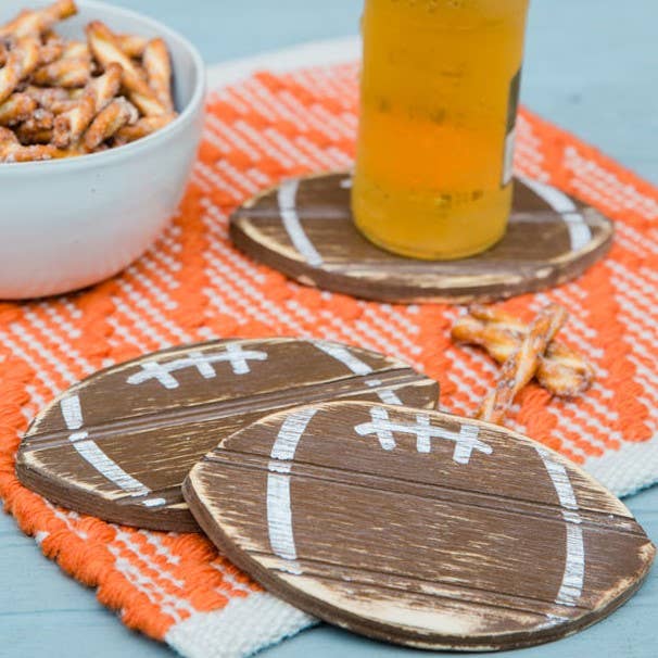 Football Wooden Coasters, Set of 4 for wholesale by Grace Graffiti