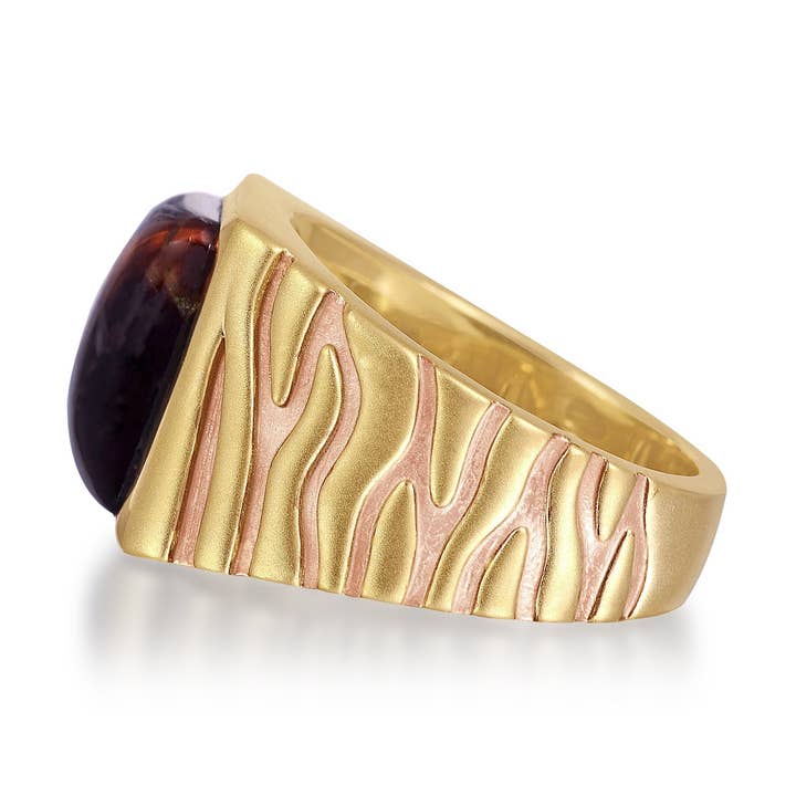 Chevalière Chatoyant Red Tiger Eye Stone en argent sterling rhodié marron et or jaune 14 carats pour la vente par LuvMyJewelry (LMJ)