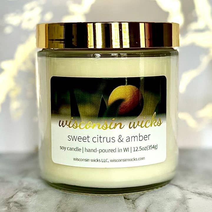 Sweet Citrus & Amber Scented Soy Jar Candle for wholesale by Wisconsin Wicks