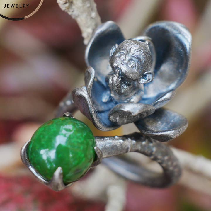 Anillo ajustable de plata con cabujón de jade verde, plata de ley 925, estilo tótem gótico, joyería llamativa, regalo para ella. para venta al por mayor de idjewelry