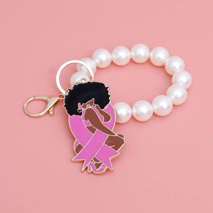 Keychain Gold Pink Ribbon Diva Pearl Wristlet for wholesale by PinktownUSA