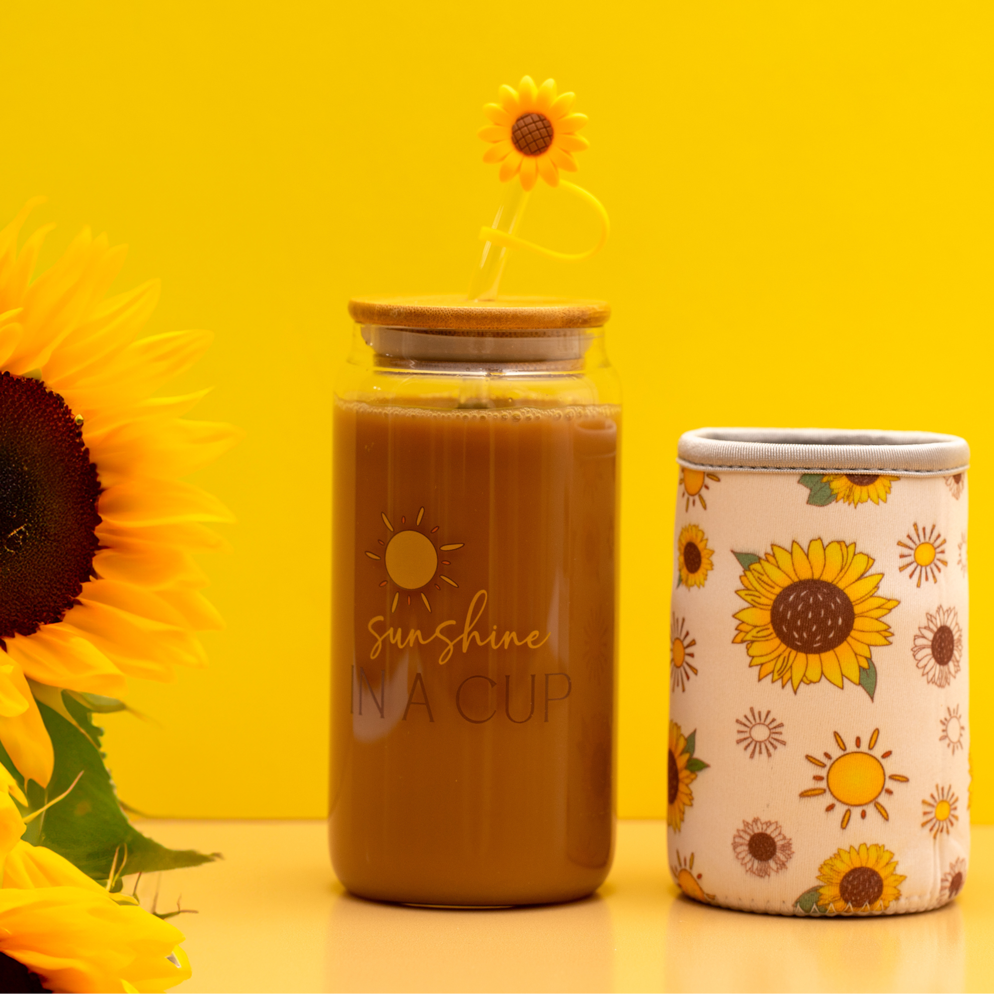 The Love Crate Co. - Wholesale Drinking Glass/Cup - Sunflower Gifts for Women - Glass Tumbler with Lid and Straw, Customized Straw Stopper and Koozie Holder. Aesthetic Unique Design Iced Coffee Gift Cup for Mom, Teacher, Friend3
