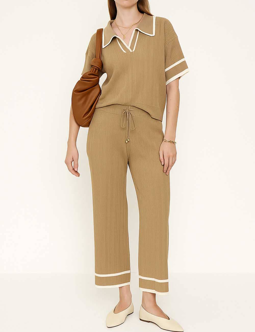 Sweetkama - Wholesale Lounge Set - Women's - Ladies Color Block Polo Collar Knit Top & Pants 2PCS Set10