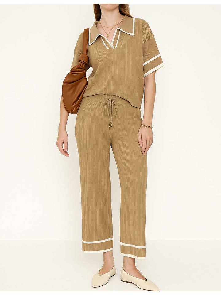 Sweetkama - Wholesale Lounge Set - Women's - Ladies Color Block Polo Collar Knit Top & Pants 2PCS Set10