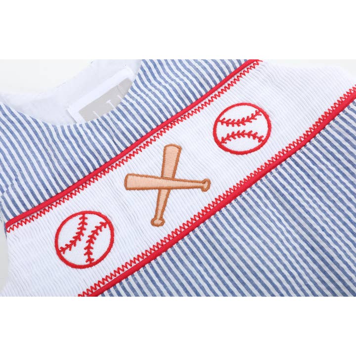 Lil Cactus - Wholesale Overalls - Baby - Blue Seersucker Baseball Smocked Shortalls6
