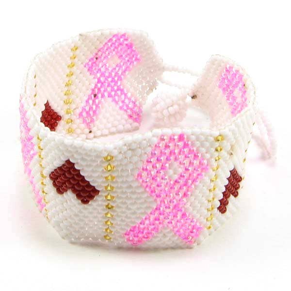 Pink Ribbon Breast Cancer Awareness Beaded Bracelet Soft Cuff for wholesale by BEADS CORNER