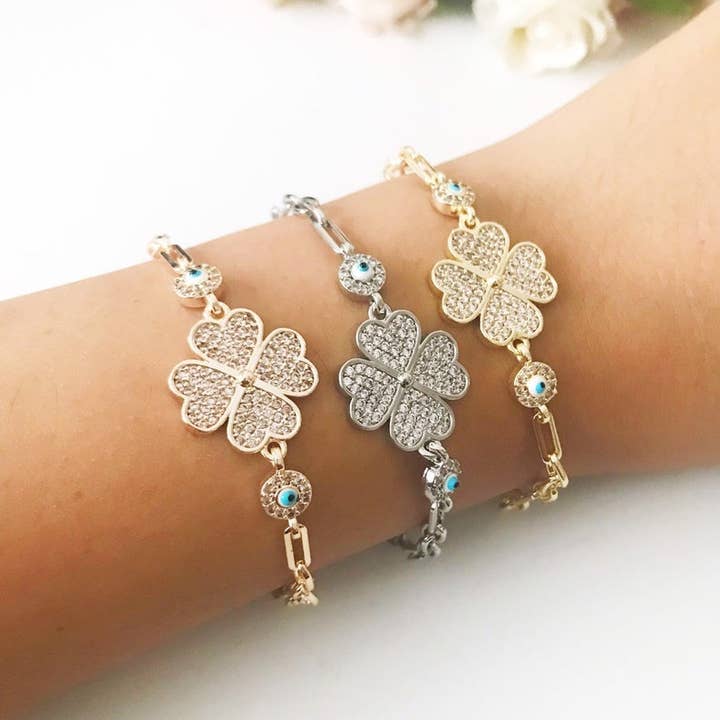 Evileyefavor – Großhandel Armband mit Charms/Anhängern – Evil Eye Clover Armband, böser Blick Schmuck, Roségold Silber vierblättriges Kleeblatt-