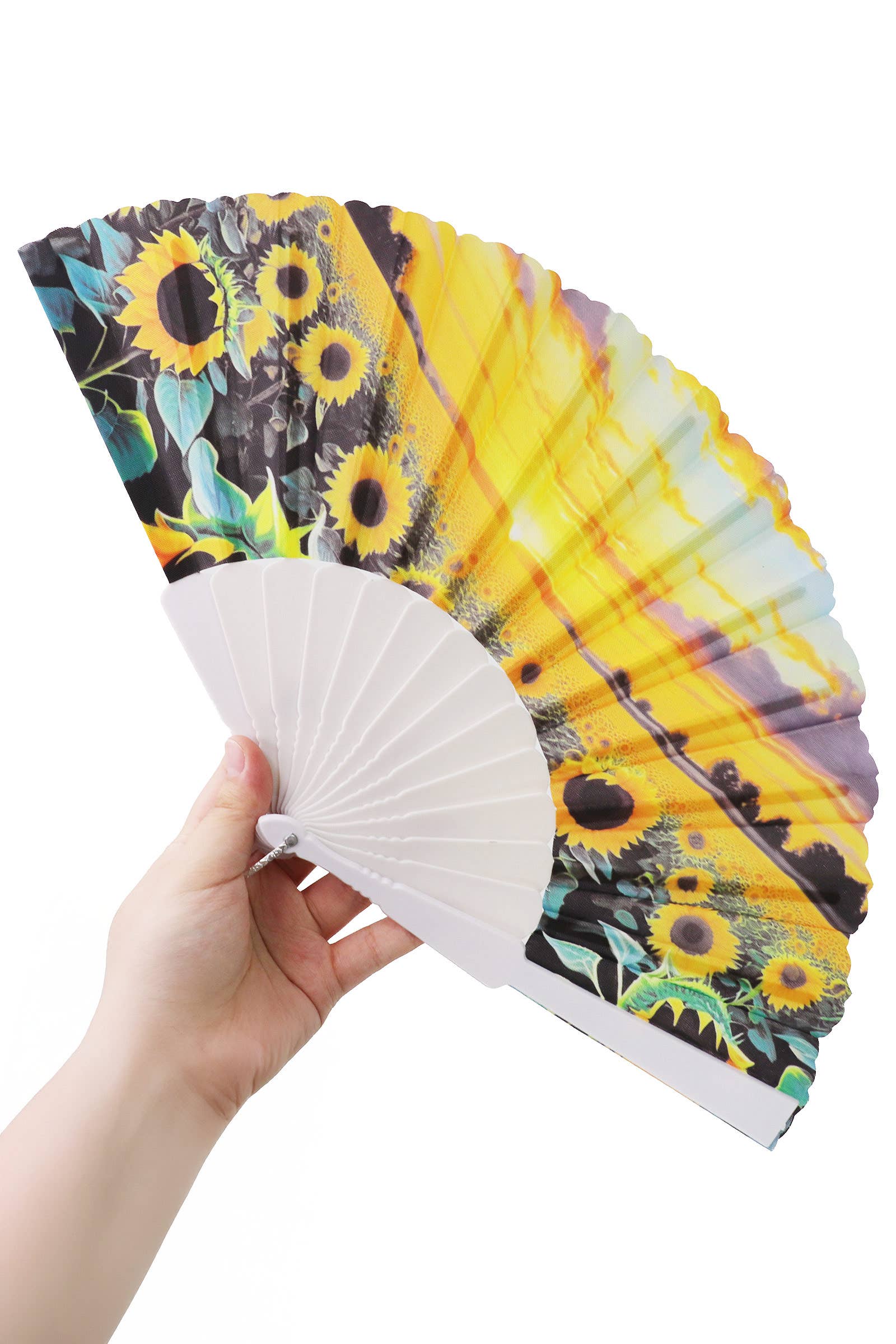 ASSORTED Sunflower Farm Fields White Handheld Folding Fan for wholesale on Faire2