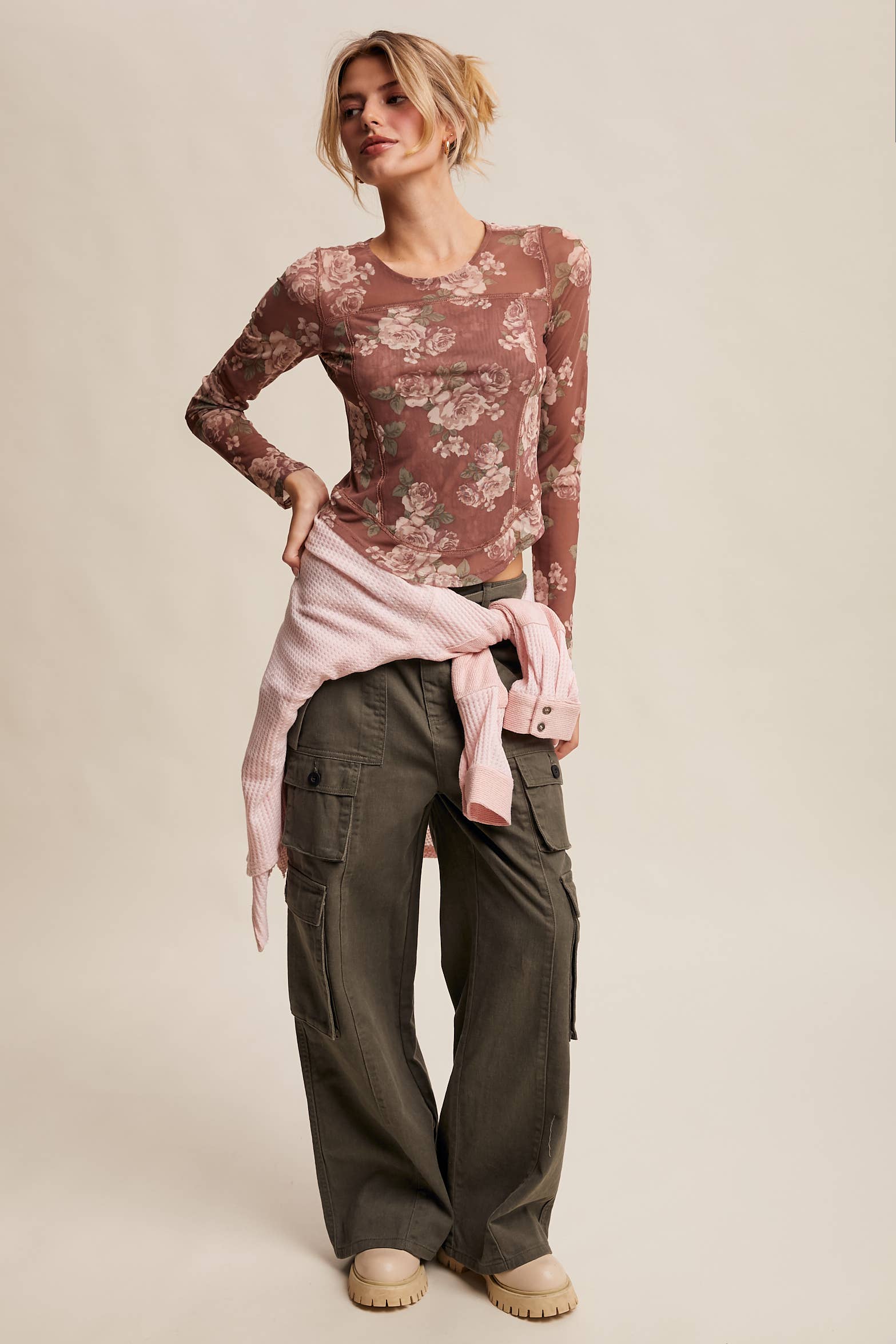 Listicle - Wholesale T-Shirt - Women's - Floral Mesh Long Sleeve Layering Top48