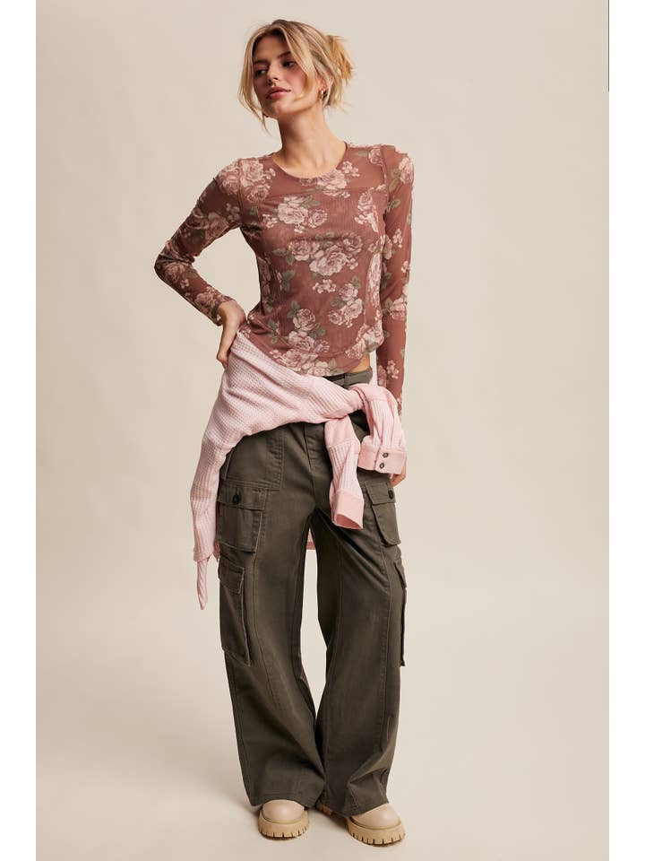 Listicle - Wholesale T-Shirt - Women's - Floral Mesh Long Sleeve Layering Top48