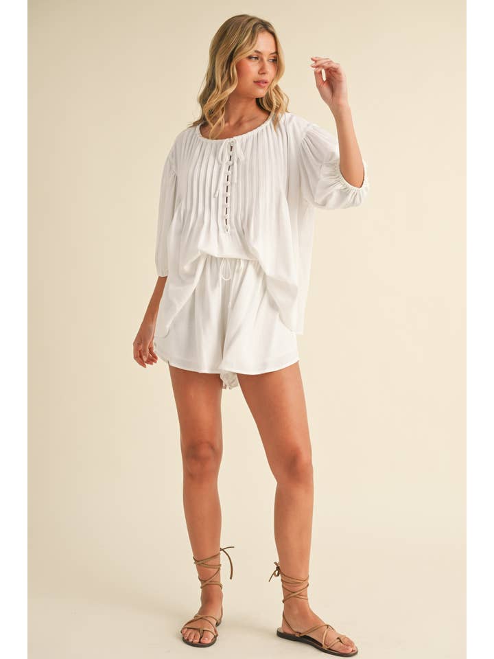 Klesis - Wholesale Top & Short Set (NOT Loungewear) - Women's - IST5779-B PIN TUCK BALLOON SLEEVE TUNIC TOP AND SHORTS SET