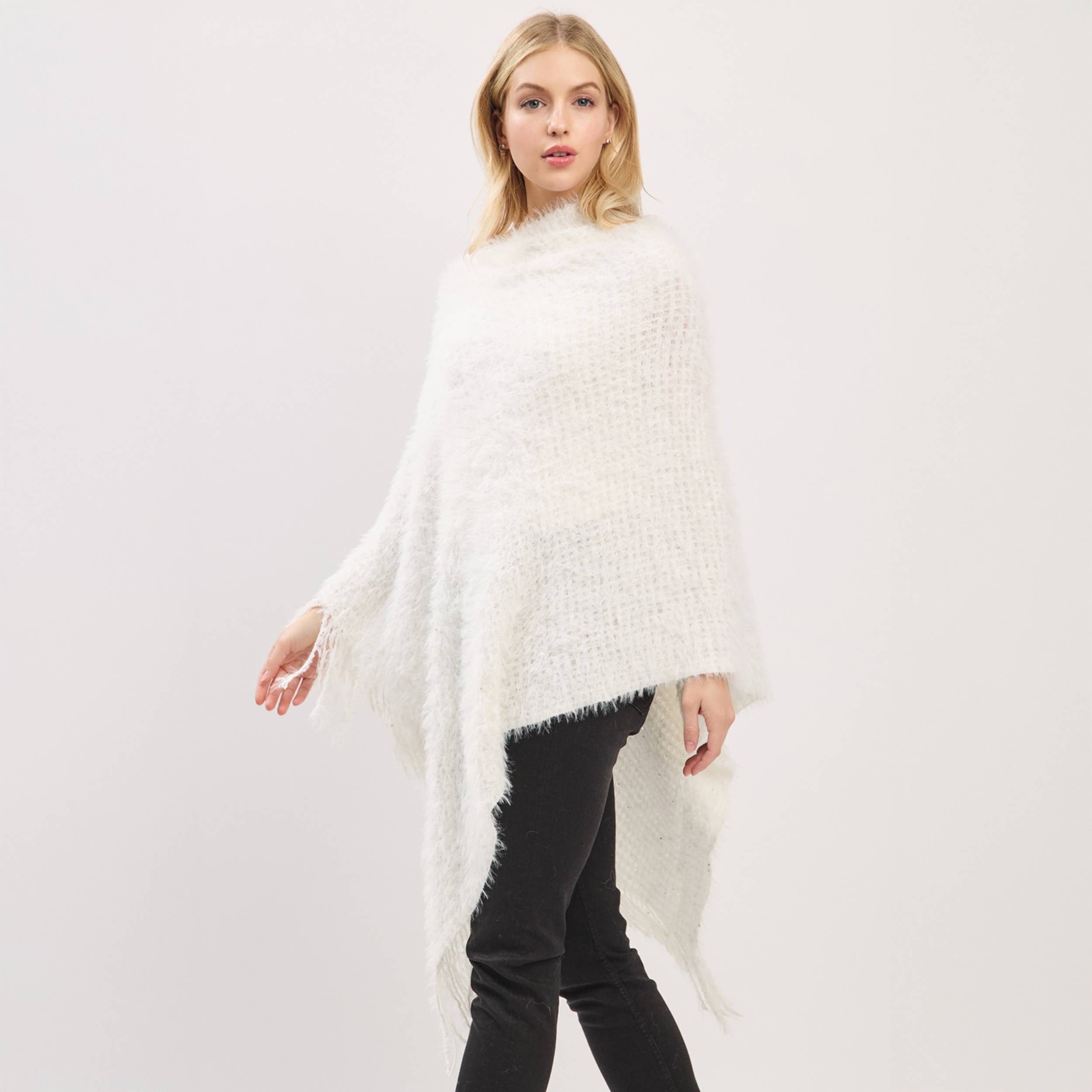 Hana – wholesale Poncho – Women's – Fuzzy Sequin with Fringe Light Weight Poncho9