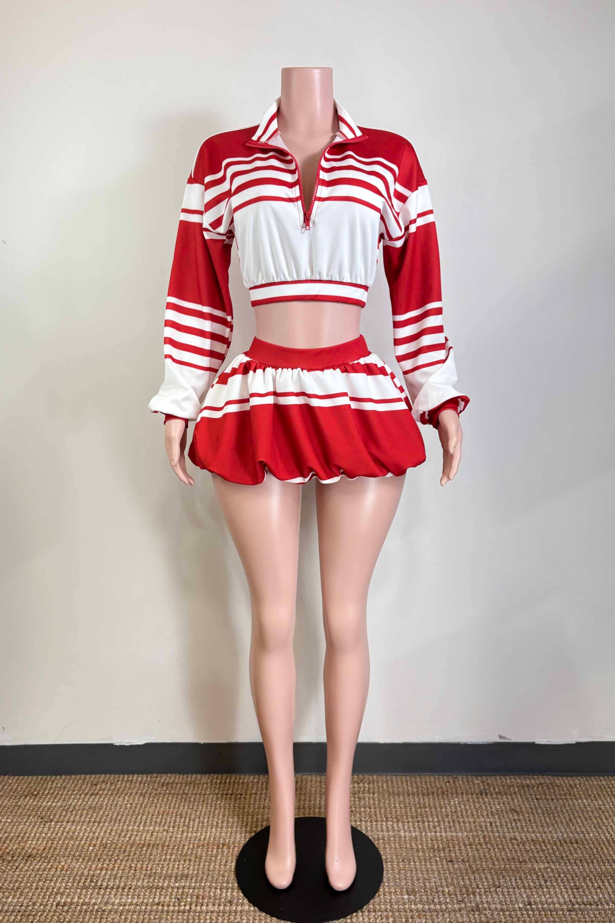 Dalia Studio – Großhandel Set aus Oberteil und Rock – Damen – Set mit unregelmäßigem Streifenmuster, halbem Reißverschluss und Ballonrock11