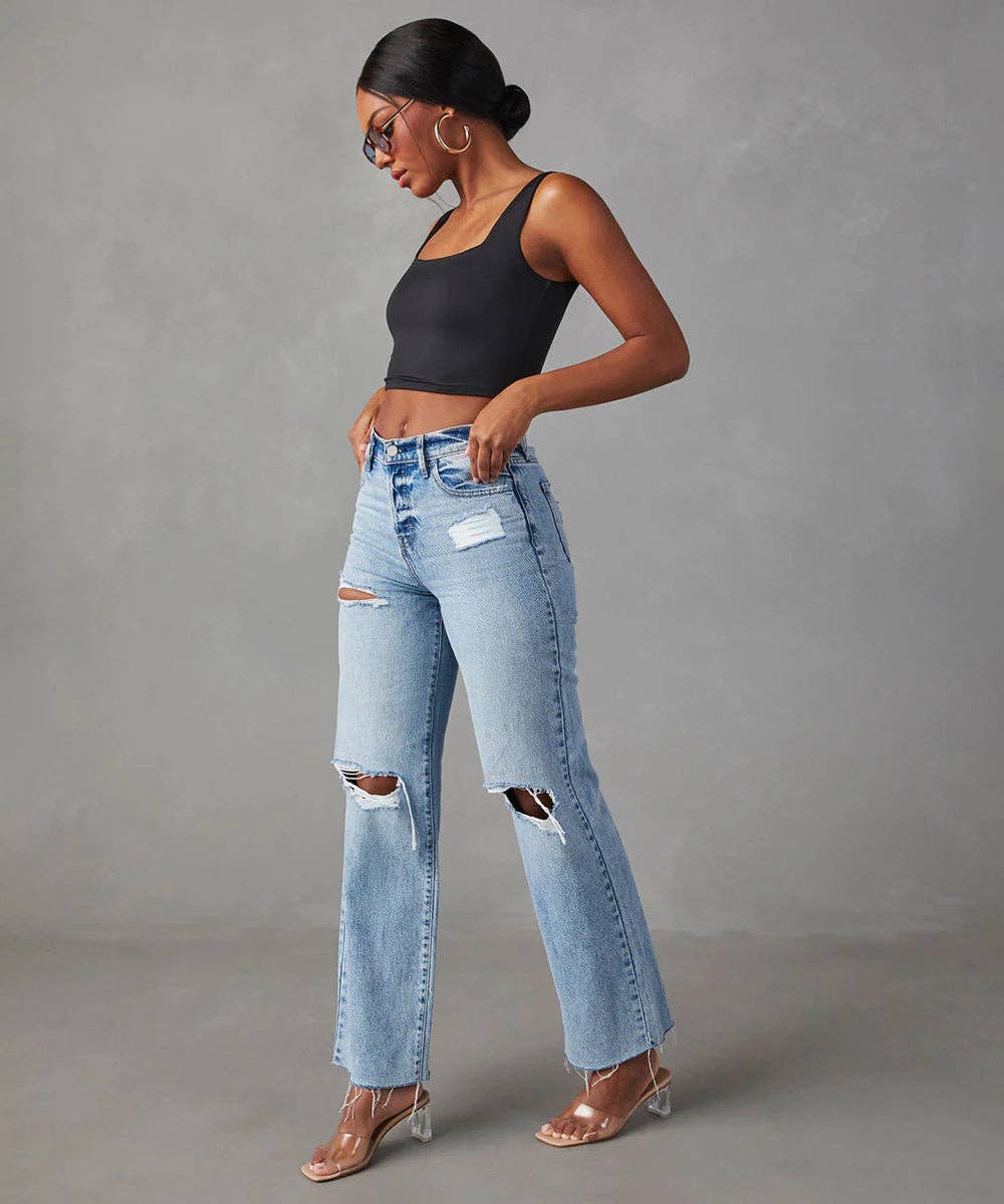 Blue Fringe Hem Straight Leg Jeans for wholesale on Faire2