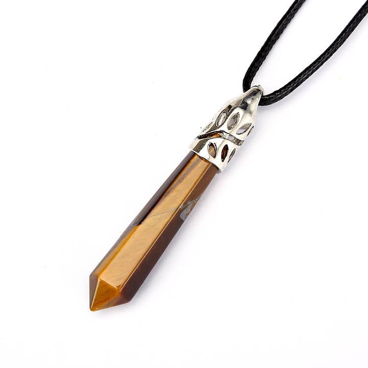 Yellow Tiger's Eye Pendulum Healing Pendant Point 10x65mm Silver Leather Cord for wholesale by CRCBEADS