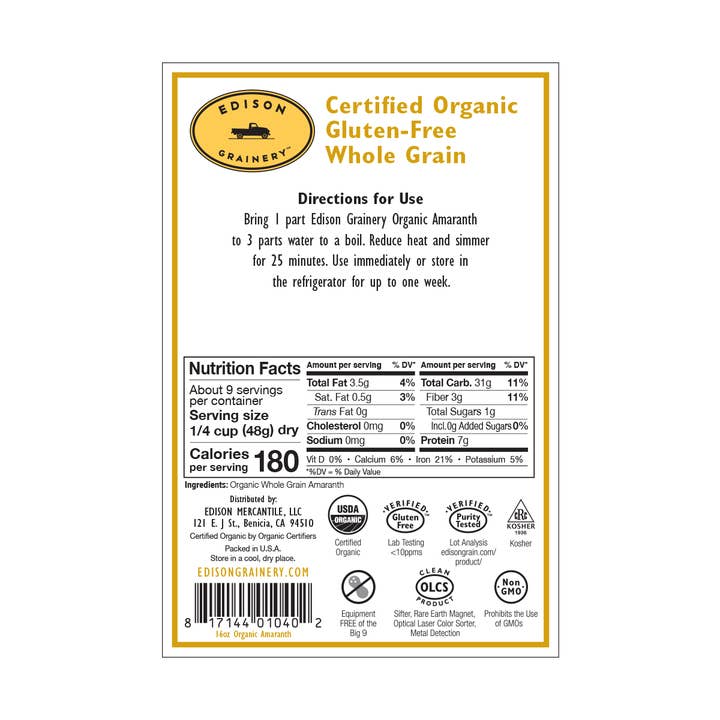 Edison Grainery - Wholesale Protein/Superfood Powder - Edison Grainery Organic Amaranth 16 oz