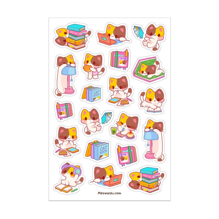 Calico Cat and Books Sticker Sheet for wholesale by Meowashi Studio