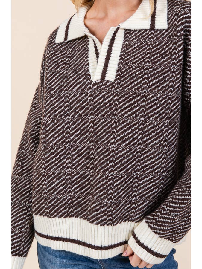 DK Brown Chevron Print Long Sleeve Collared Sweater (2024 FW) for wholesale on Faire