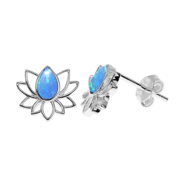 Orecchini a forma di fiore di loto opalino blu Sasha per la vendita all'ingrosso da parte di Kali Ma Designs - Sterling Silver Jewellery