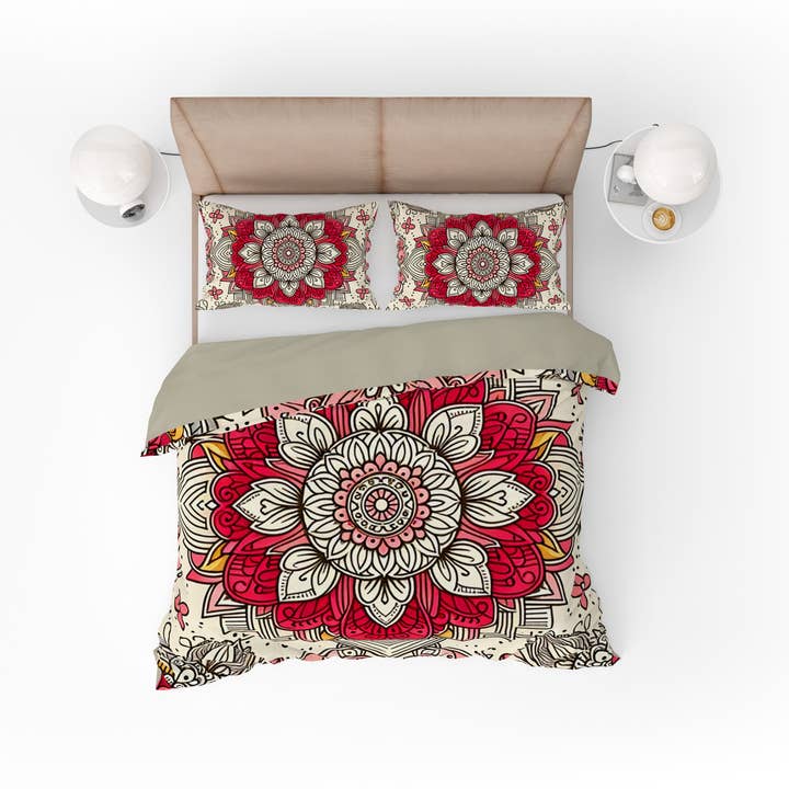 Bohemian Red Blossom Mandala vendbart dynebetræk dynebetræk sæt for engroshandel hos Adore India