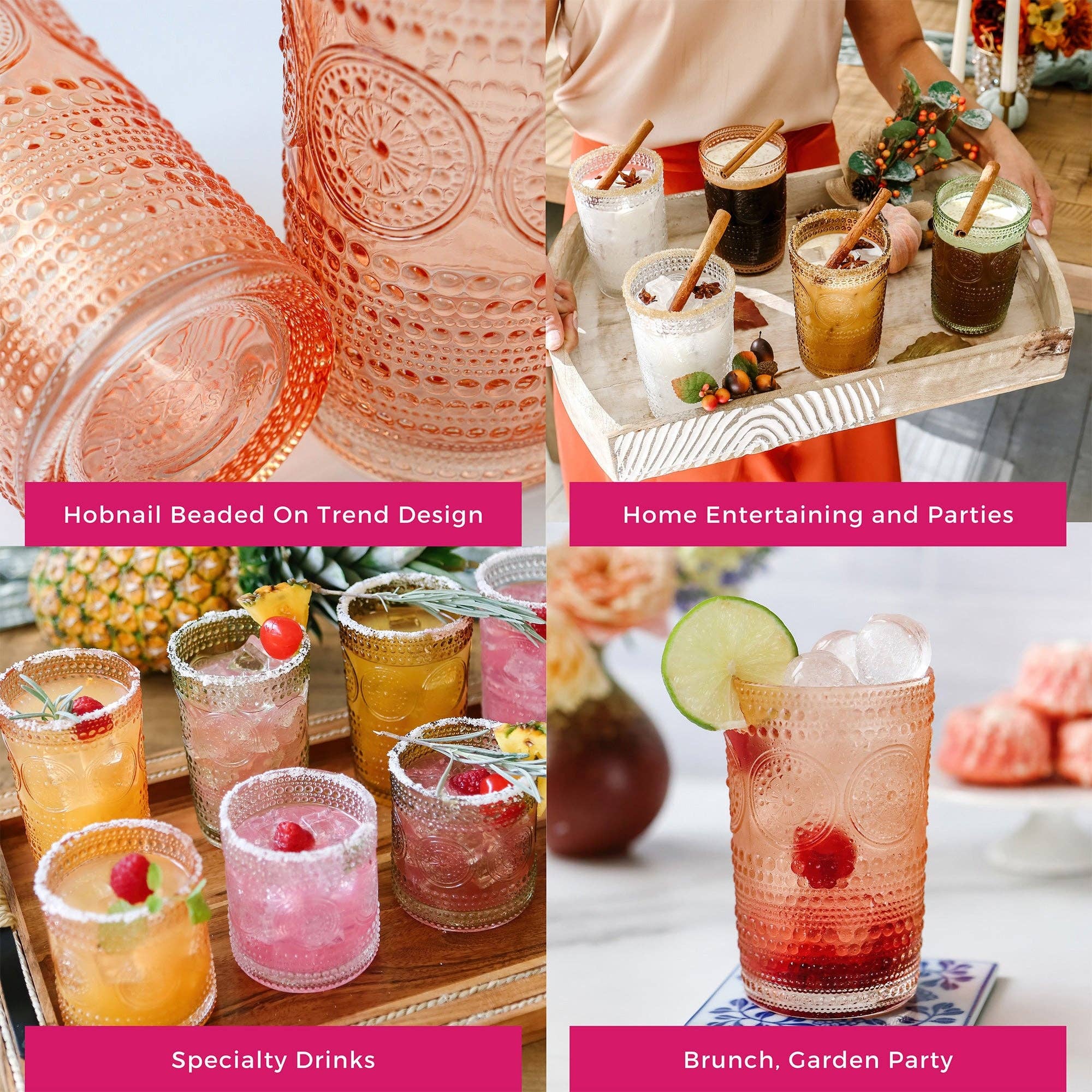Kate Aspen - Wholesale Cocktail/Liquor Glass - 13 oz. Hobnail Beaded Floral Rose Gold Drinking Glasses (Set4