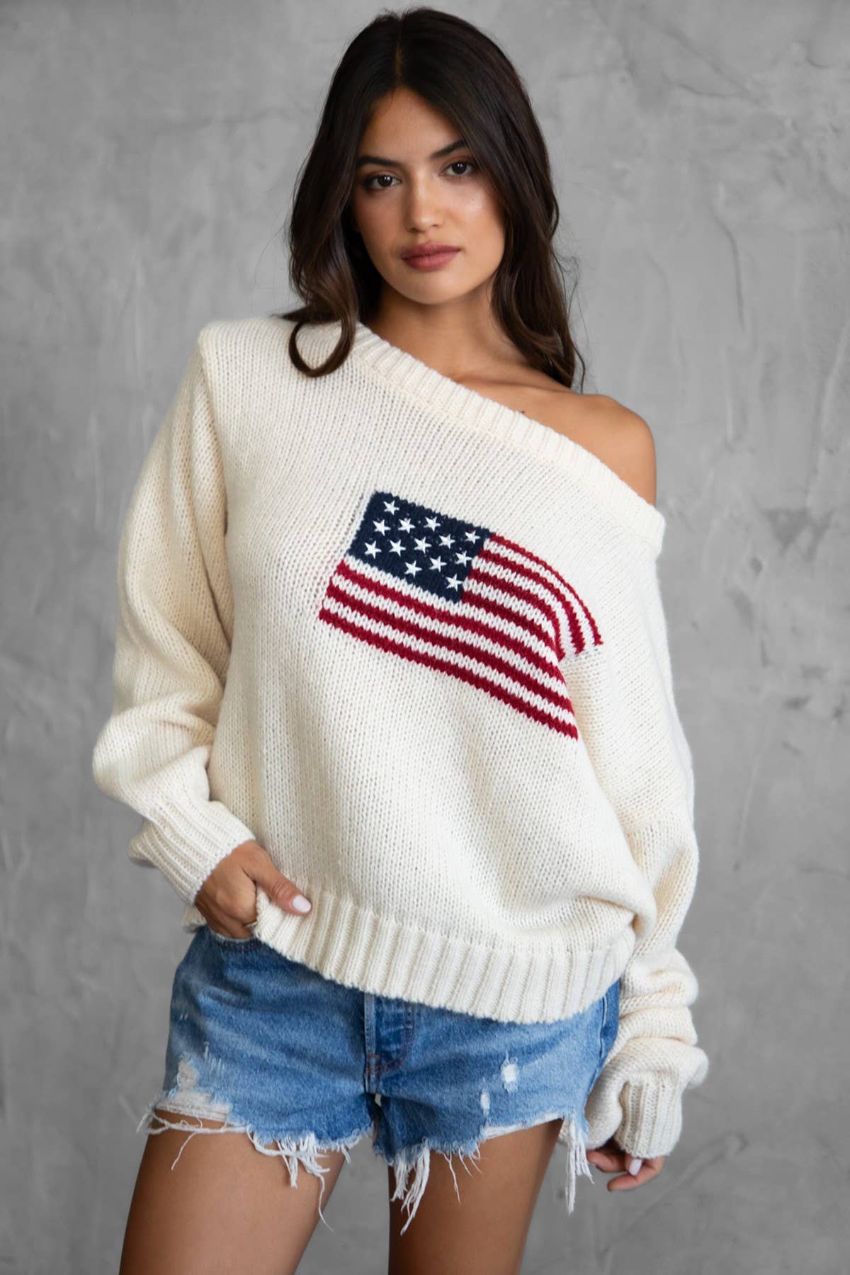 TICTOC - Wholesale Knit Sweater - Women's - BRANDI American Flag Knit Off The Shoulder Lounge Sweater9