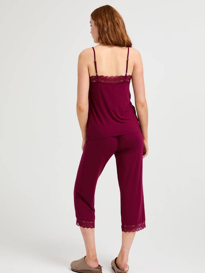 Bamboo Lace Cami and Cropped Trouser PJ Set in In Bordeaux for wholesale on Faire2