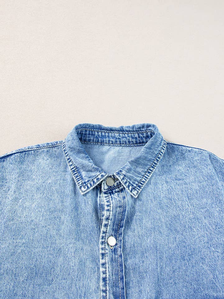 Light Blue Loose Medium Wash Chambray Dress with Short Sleeves for wholesale on Faire21