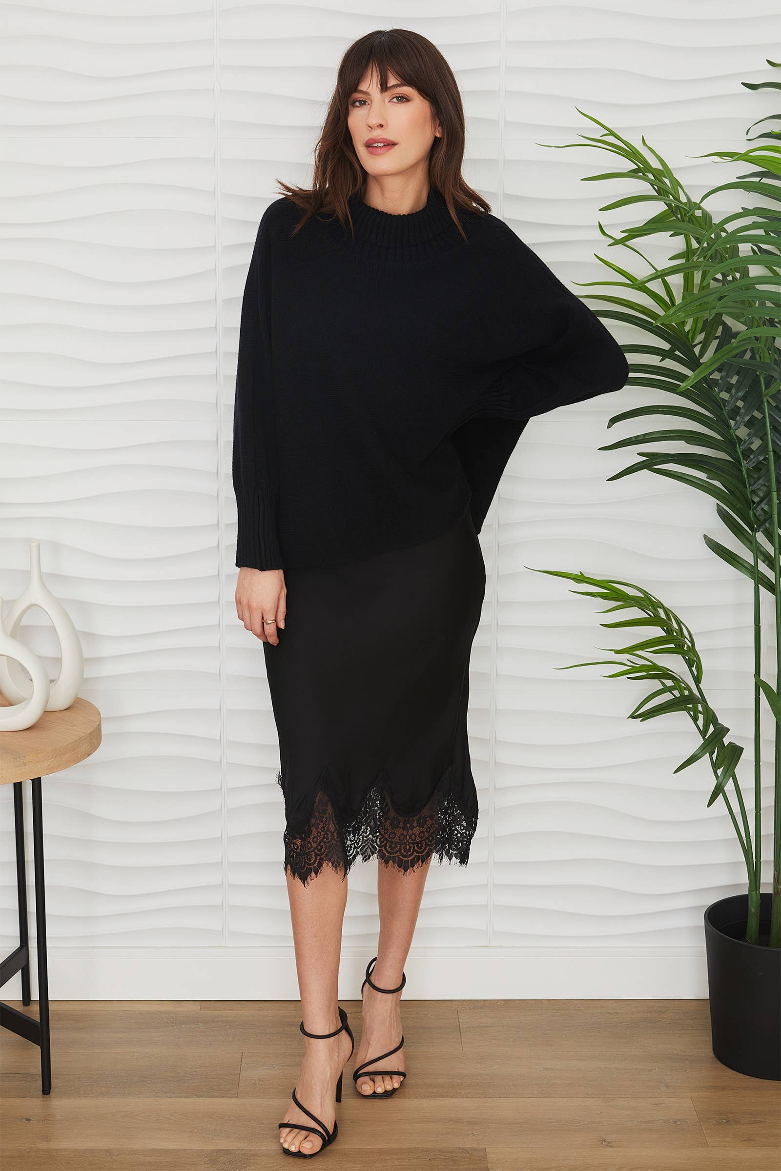 Black DRAPEY TURTLENECK KNIT SWEATER (7097-BLACK) for wholesale on Faire7