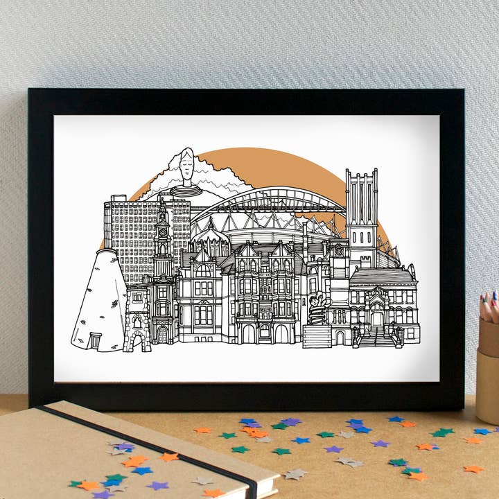 St Helens Skyline Landmarks Art Print - unframed for wholesale by Becka Griffin Illustration