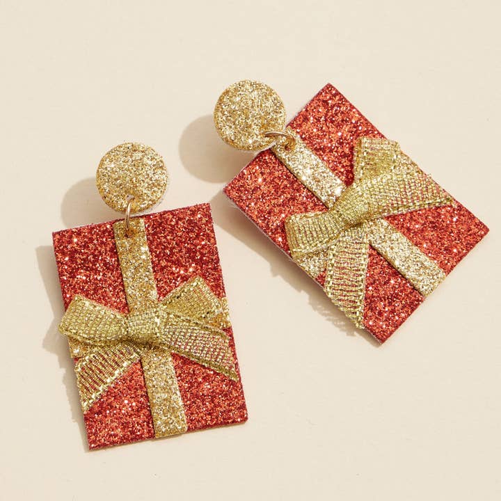 Lilla Haven - Wholesale Dangle Earrings - Glitter Gift Box Earrings with Bow Detail for Festive Holiday Style