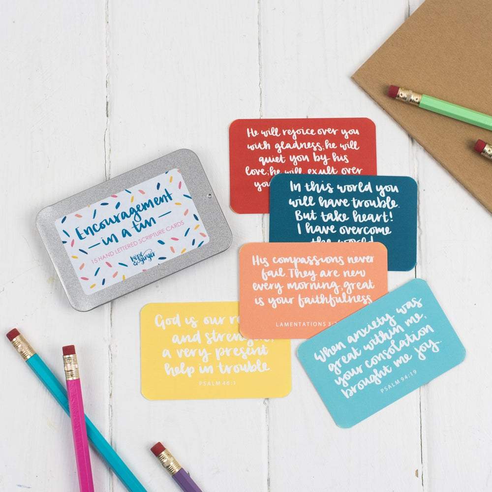 Hope and Ginger – wholesale Stationery/notecard set – Encouragement in a tin - 15 hand lettered scripture cards2