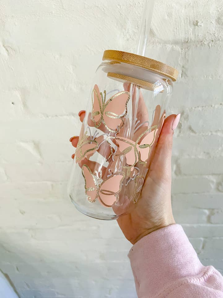 BUTTERFLY Libby beer can glass; iced coffee glass for wholesale by LovealwaysDesignsUS