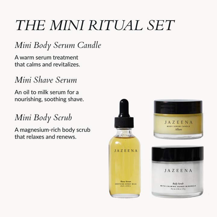 Jazeena - Wholesale Bath & Body Set - 3-pc Self-Care Mini Ritual Set | Scrub, Shave, Candle2
