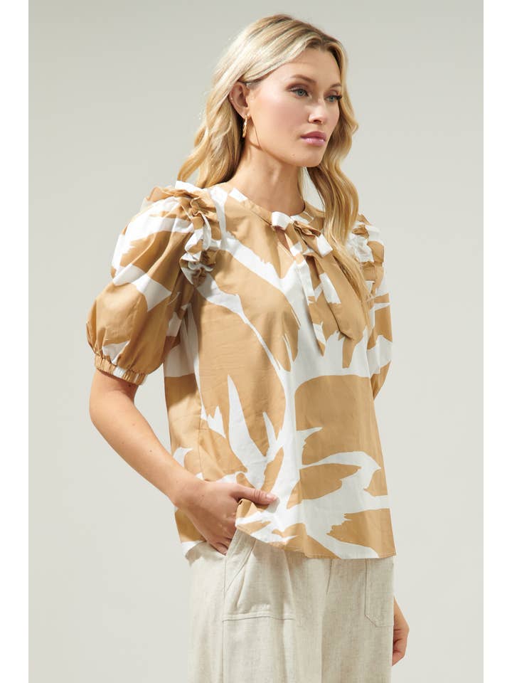 Camel Multi Hazel Abstract Noche Tie Neck Blouse for wholesale on Faire