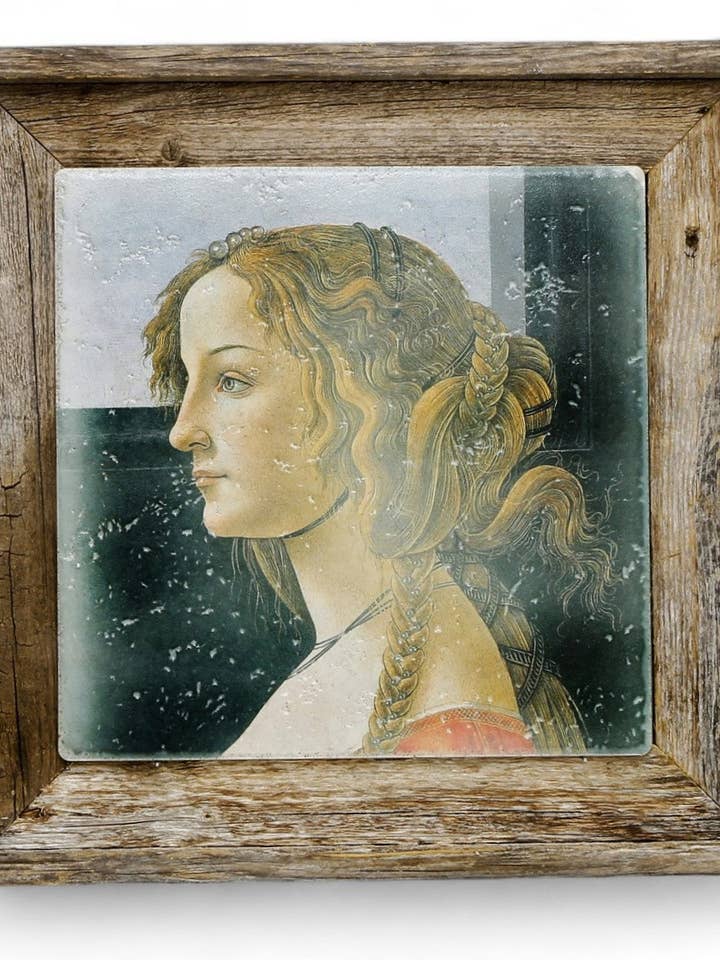 AFFRESCO : Carrelage en céramique sur cadre en bois de grange récupéré vieilli - Portrait de l'opéra « Lady Simonetta Vespucci » par Sandro Botticelli pour la vente par SublimArt