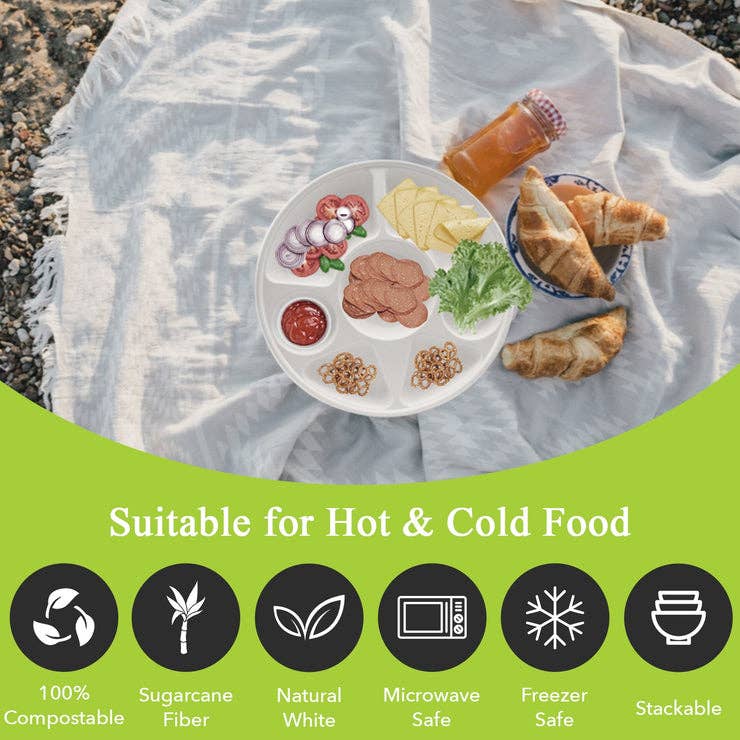 Three Leaf Products - Wholesale Disposable Plate - Three Leaf 7 Compartment Bagasse Round Plate, 200 Ct.7