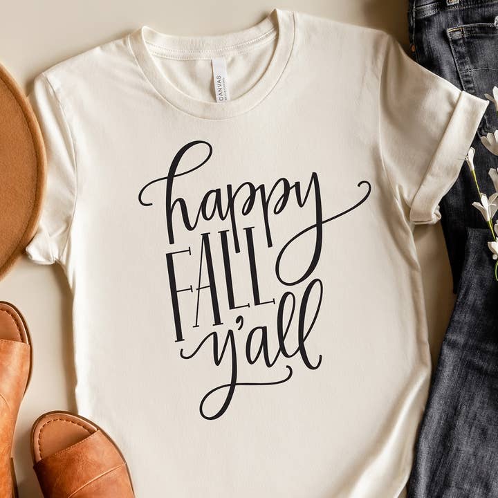 Happy Fall Y'all T-Shirt Seasonal Autumn Tee Shirt Top for wholesale by Zoe Creative Co