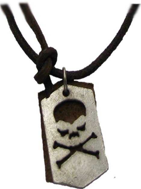 Cut Out Skull and Crossbones on Worn Leather Necklace for wholesale by Magic Touch Corp