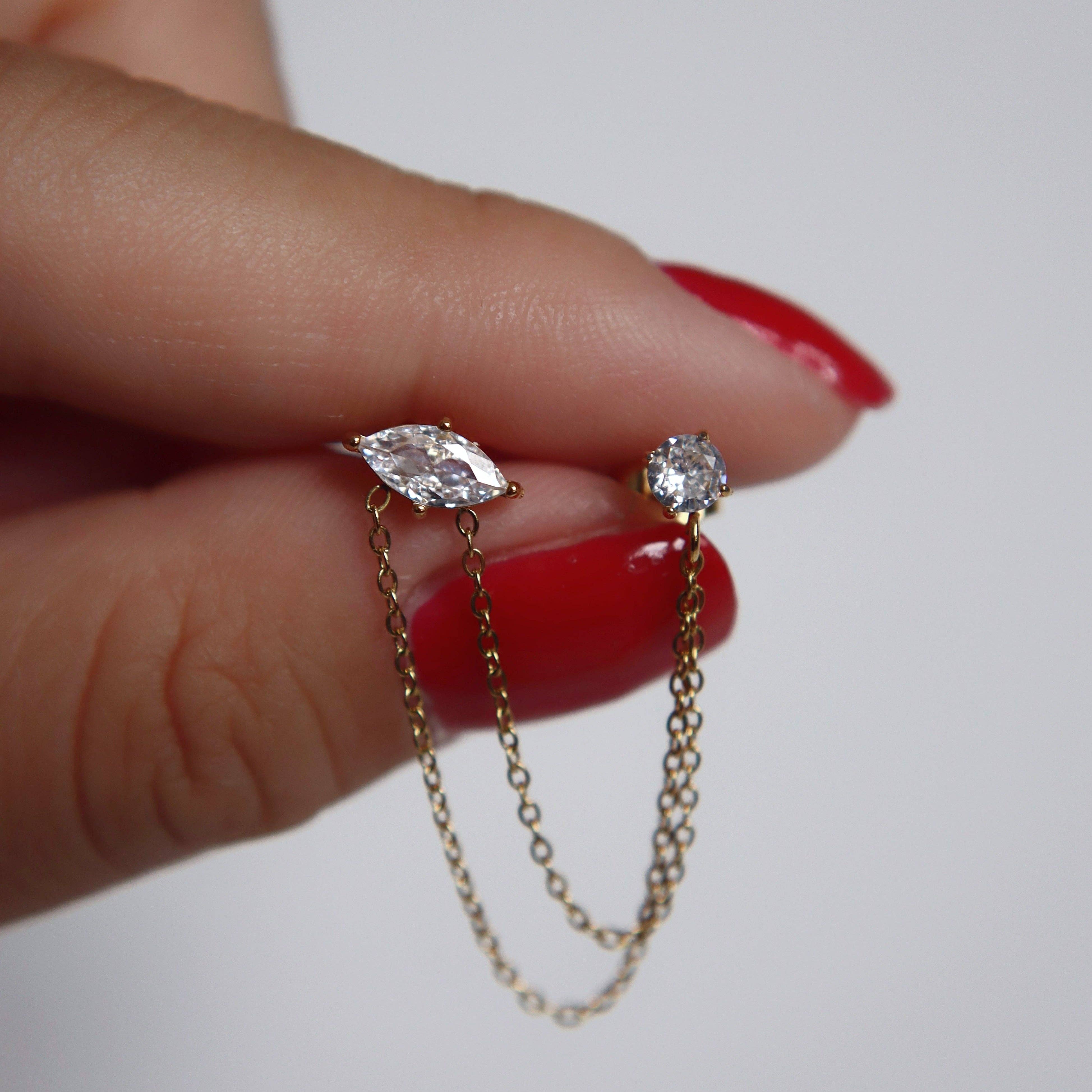 JESSA Jewelry - Vente Boucles d'oreilles pendantes - Clous à double chaîne Ryann | Boucles d'oreilles à double piercing3