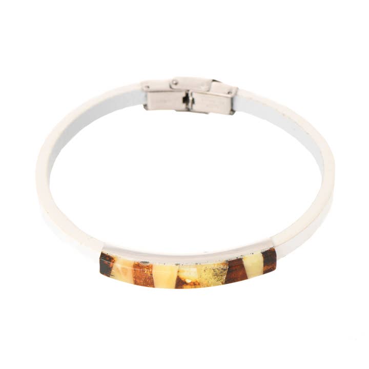 Bracelet en cuir blanc et bracelet en ambre mosaïque pour la vente par The Natural Amber