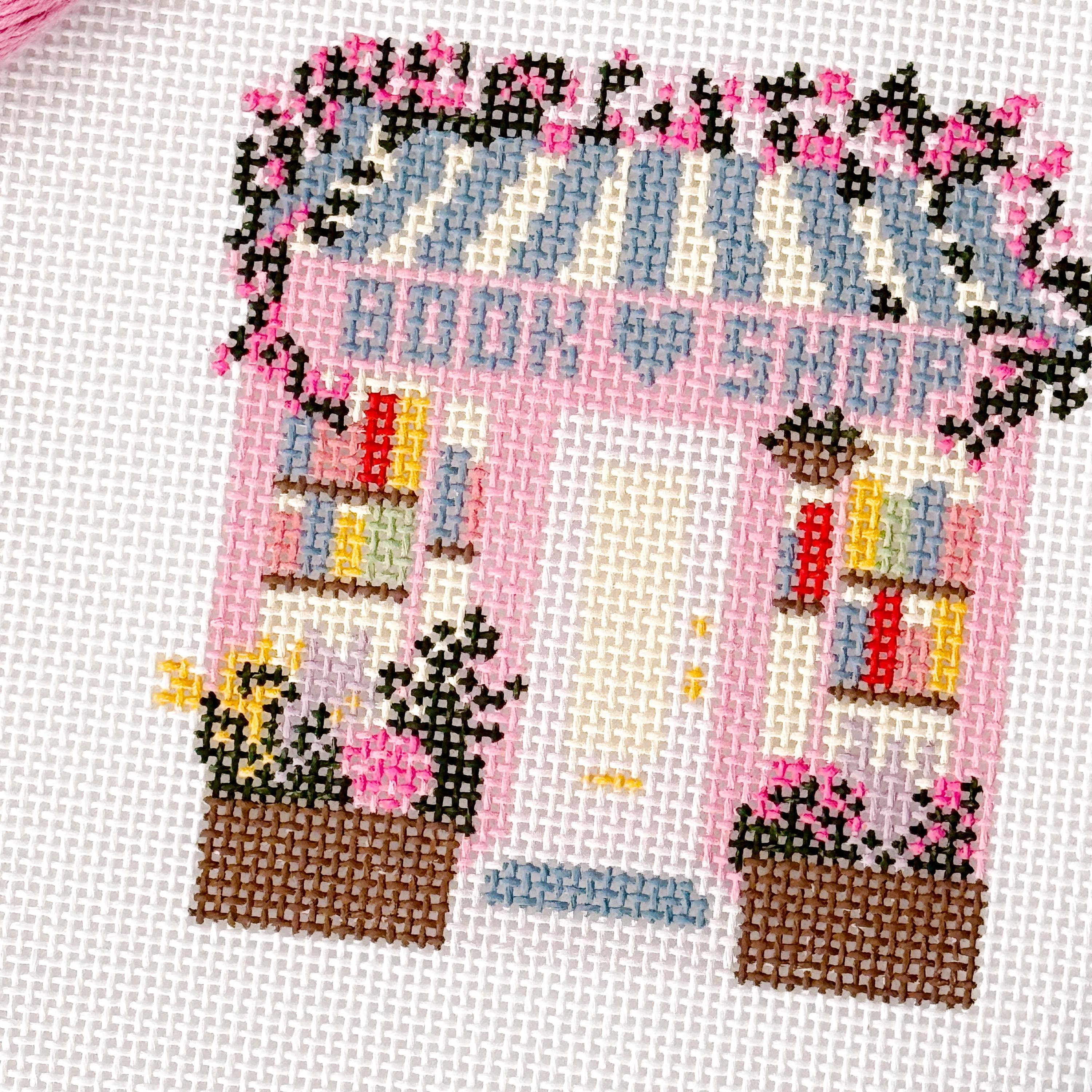 Cotswold Co Designs - Wholesale Embroidery/Cross Stitch Supplies - Ready to Ship Hand Painted Book Shop Storefront 6” Needlepoint Canvas 13 Mesh Reading Needlepoint Canvas Storefront Hand Painted7