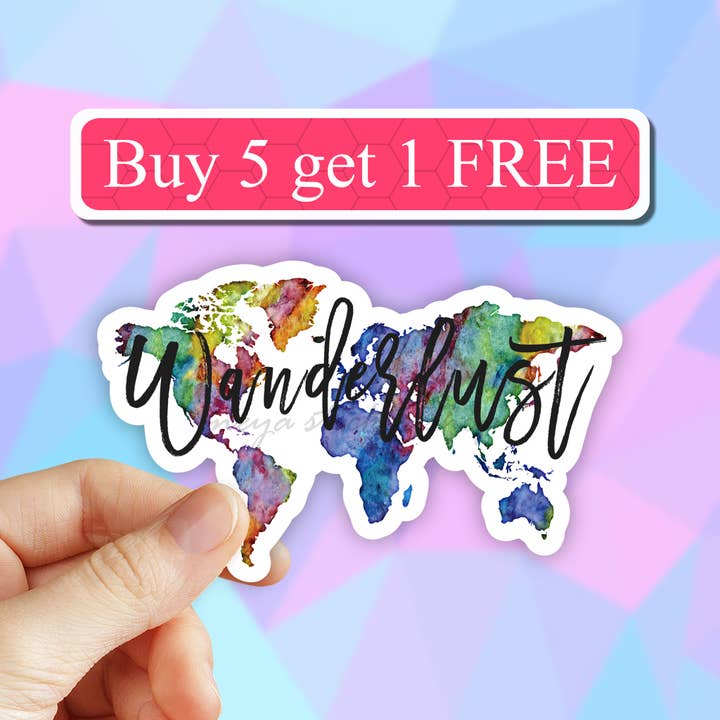 Wanderlust Sticker, World Map Laptop decal, Adventure camper for wholesale by Neya Sticker Shop