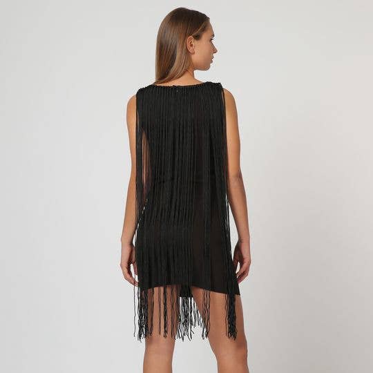 BanBat - Vente Robe – femme - Robe en mousseline noire avec détails en franges et fermeture éclair1