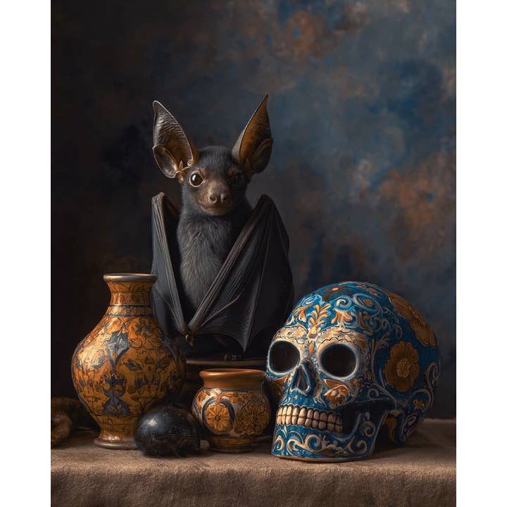 Mowbi - Wholesale Art Print - Calavera Bat & Skull Still-Life - Dark Academia Art Print - 8"x10" Artwork for 11"x14" Frame