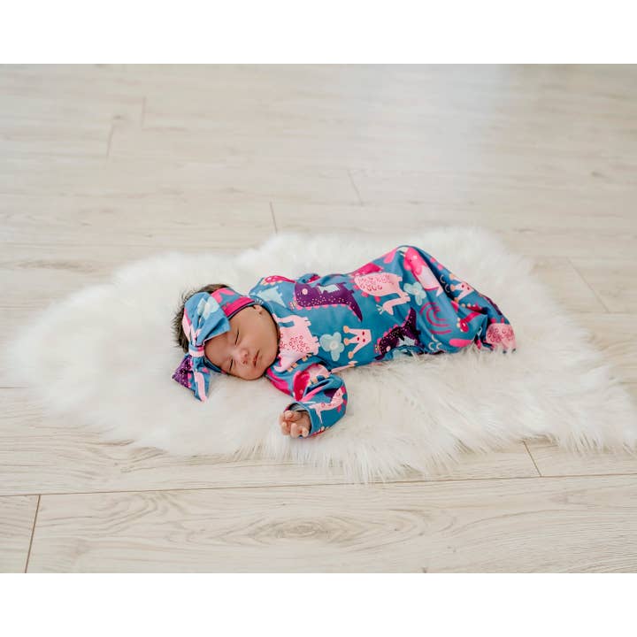 Adorable Sweetness - Wholesale Babygown Set - Baby - Girl Dino Baby Gown and Bow Headband