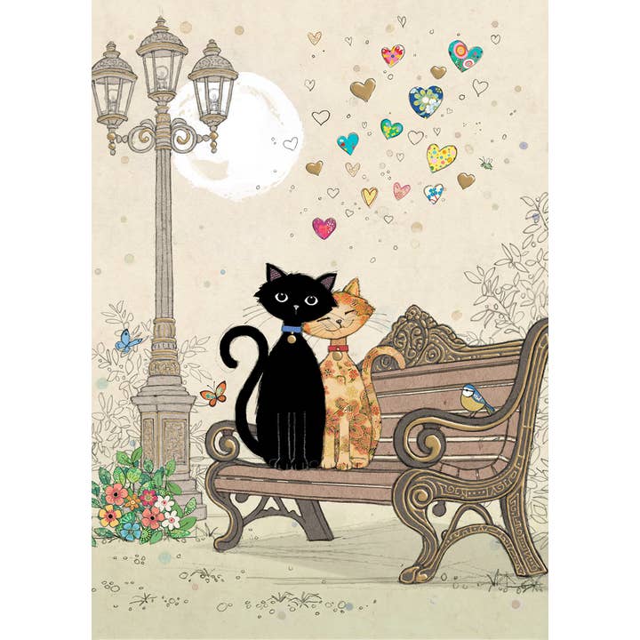 Notes & Queries, Inc. - Wholesale Everyday Greeting Card - BLANK BENCH KITTY GREETING CARD BUG ART