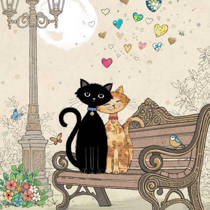 Notes & Queries, Inc. - Wholesale Everyday Greeting Card - BLANK BENCH KITTY GREETING CARD BUG ART