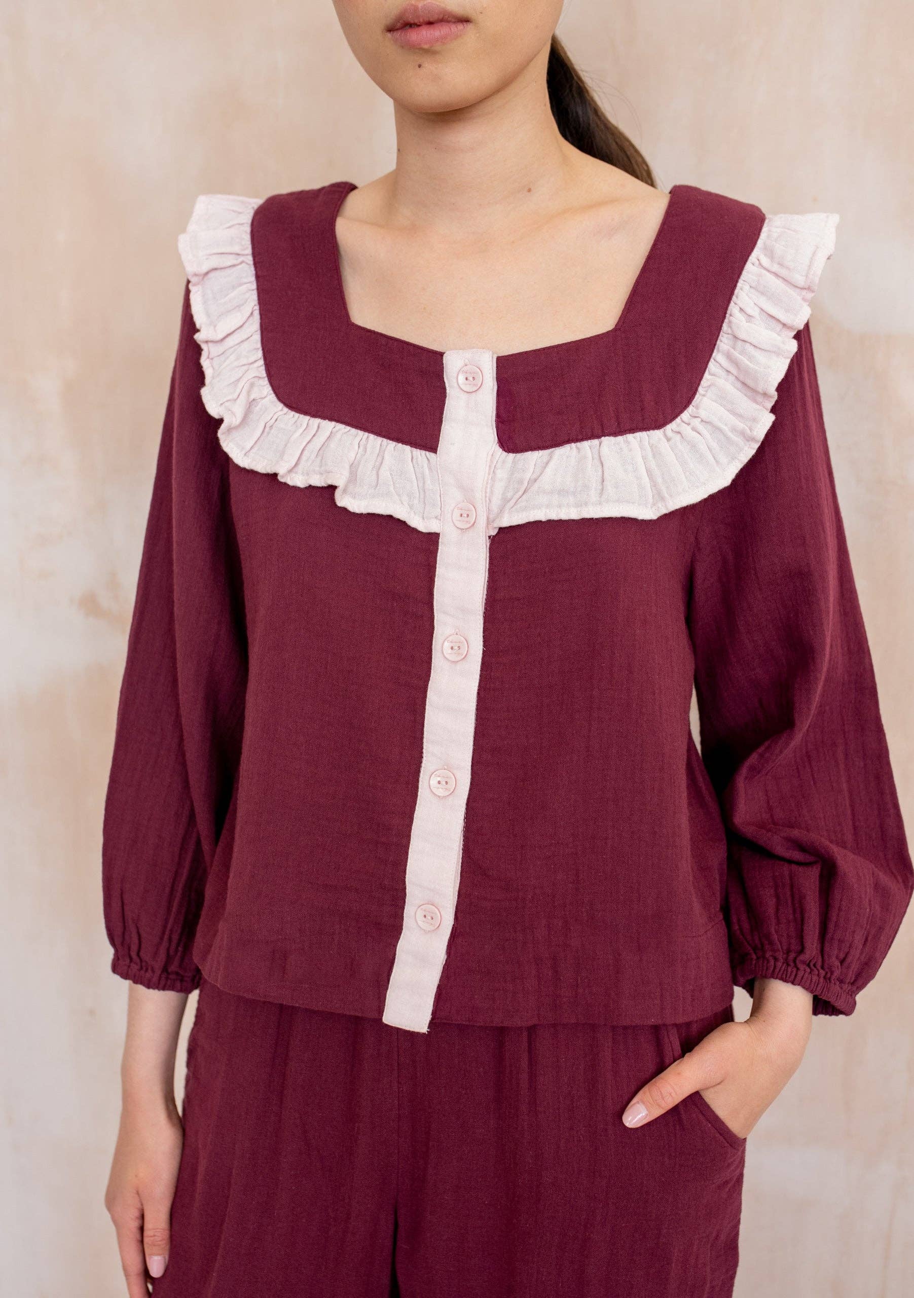 TBCo – wholesale Sleepwear set – Women's – Cropped Cotton Pyjamas in Burgundy Ruffle3