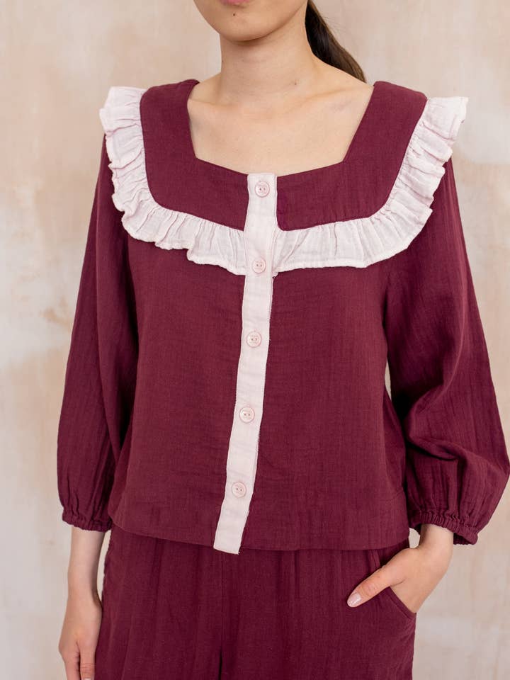 TBCo – wholesale Sleepwear set – Women's – Cropped Cotton Pyjamas in Burgundy Ruffle3